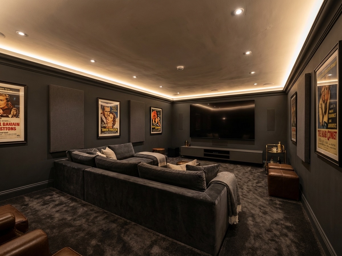 Basement home cinema room with recessed lighting