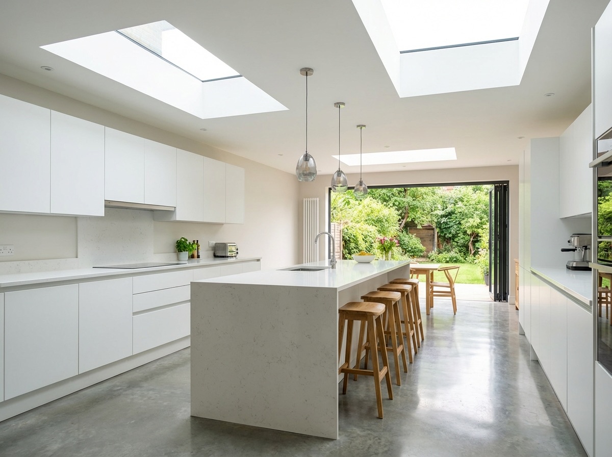 Open-plan kitchen diner interior with roof lanterns