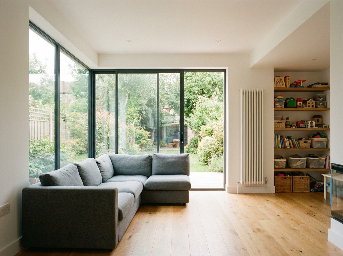 Ground floor family room with full-height glazing