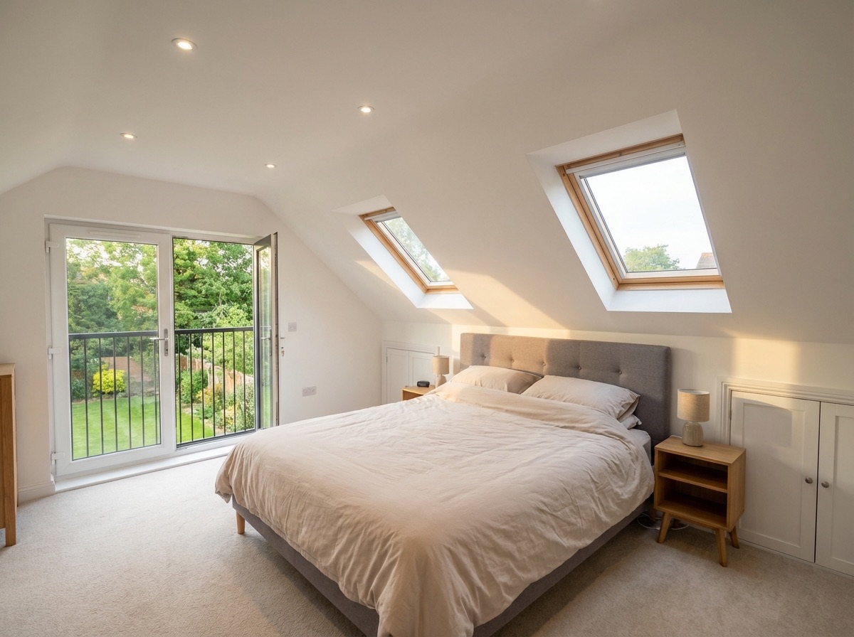 Loft bedroom with Velux windows and Juliet balcony