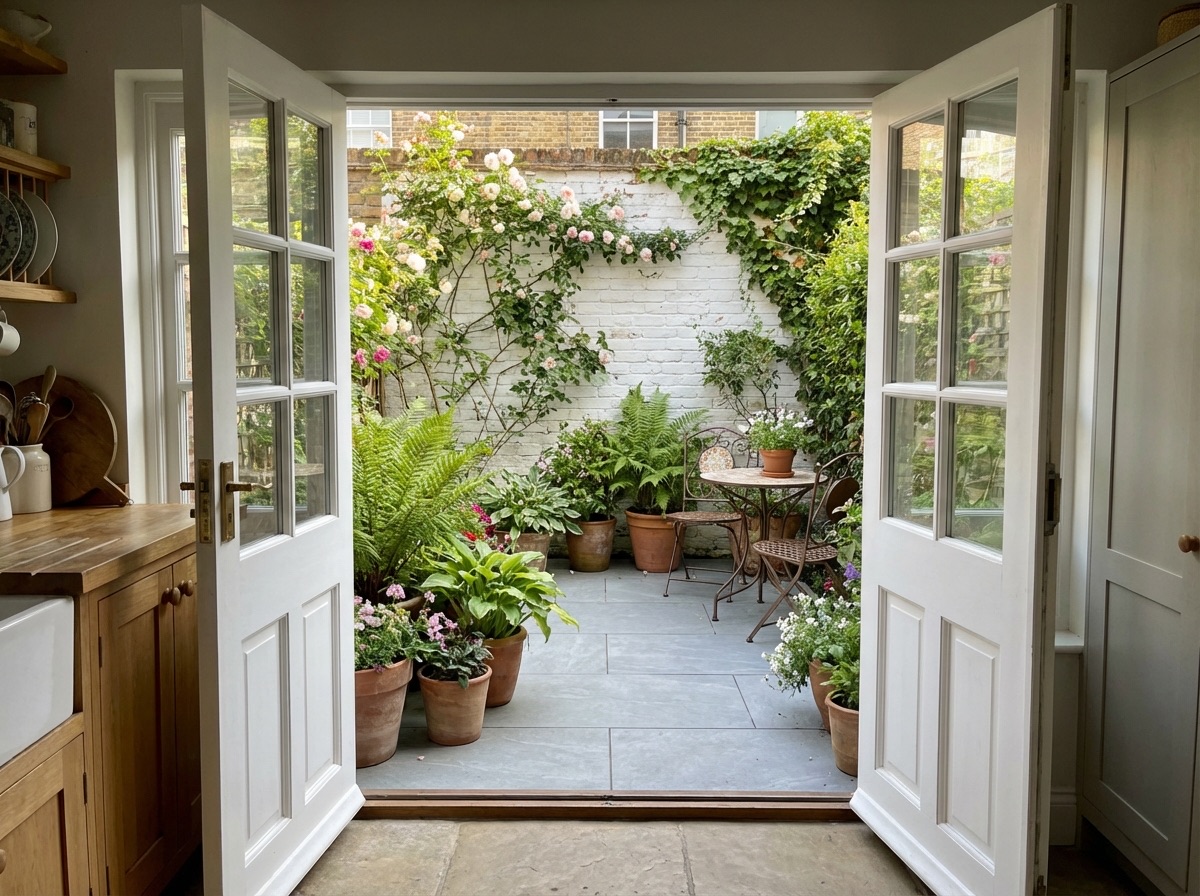 Bi-fold doors open to courtyard garden