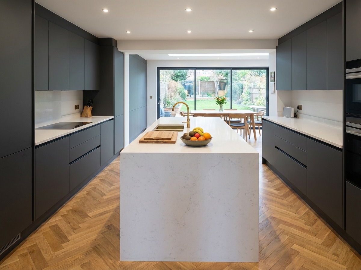 U-shaped kitchen with matt grey cabinets and large island