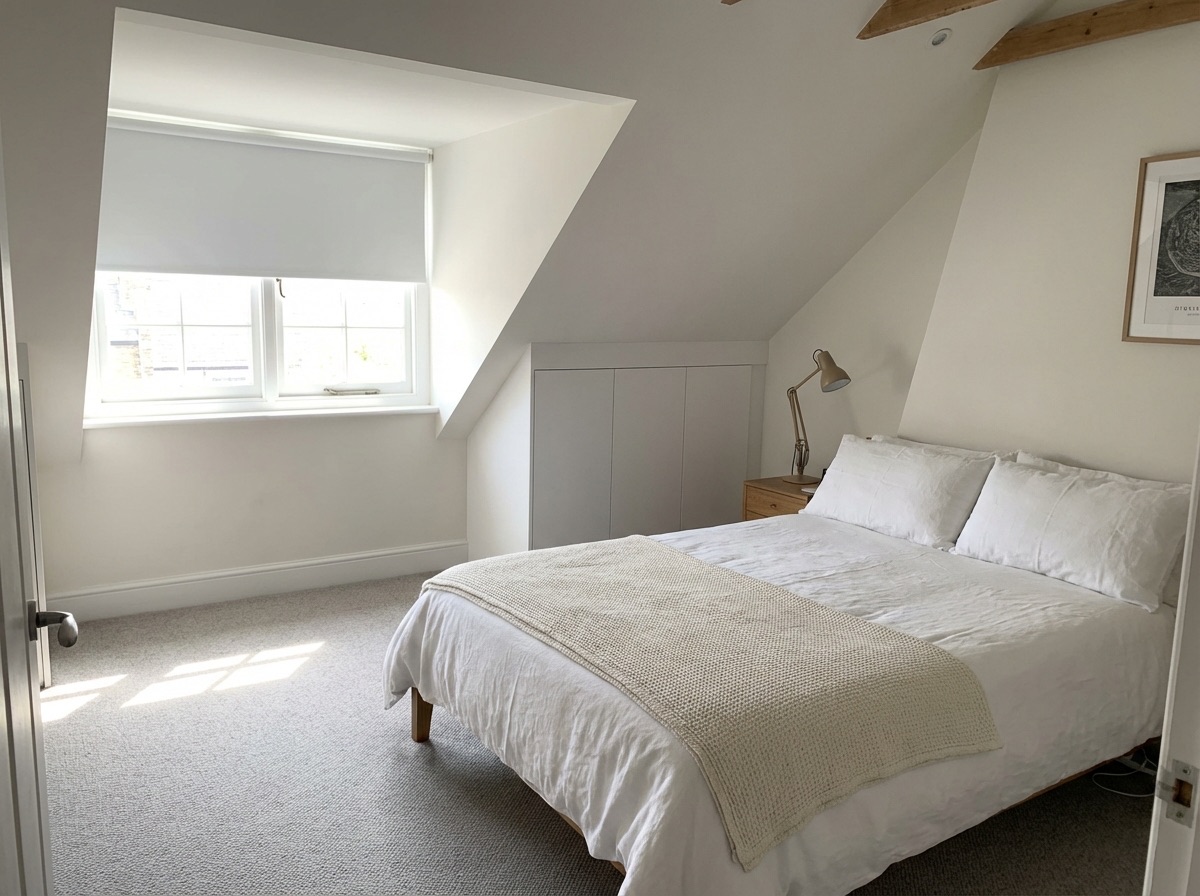 Loft bedroom with dormer window and built-in storage